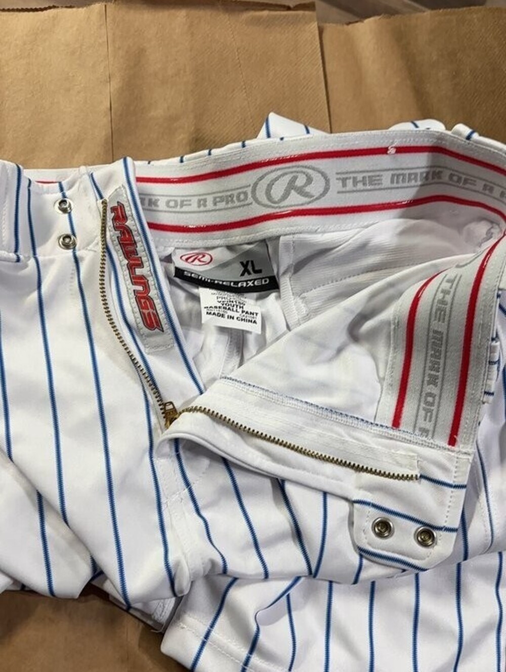Rawlings YPIN150 Youth Baseball Pants XL Semi-Relaxed White Blue Pinstripe